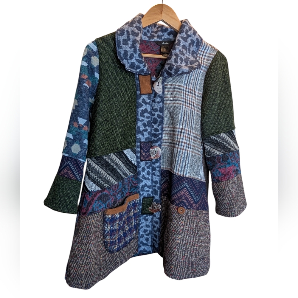 Ali Miles Vintage Patchwork Art Jacket Artisan Statemet Coat Plaid‎ Wool